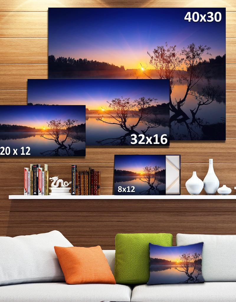 DesignQ Lonely Tree In Pond In Blue - Extra Large Wall Art Landscape
