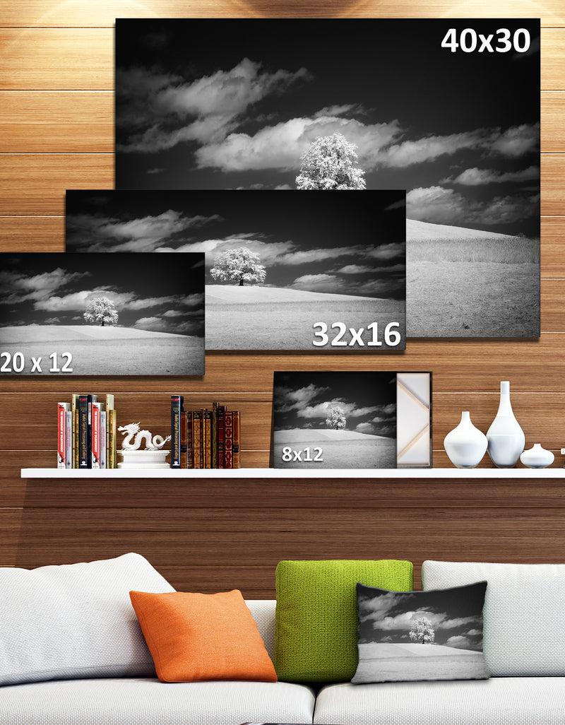 DesignQ Lonely Tree On Meadow Black White - Landscape Artwork Canvas