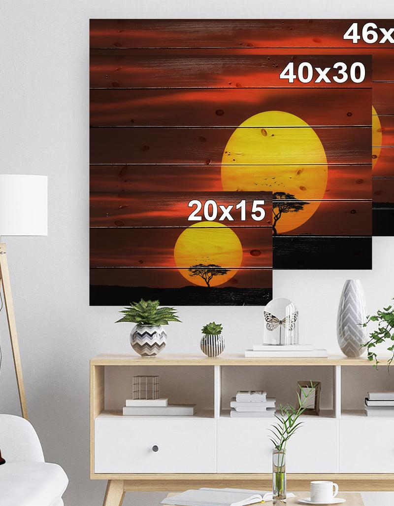 DesignQ Lonely Tree With Birds At Sunset - Landscape Print On Natural Pine Wood