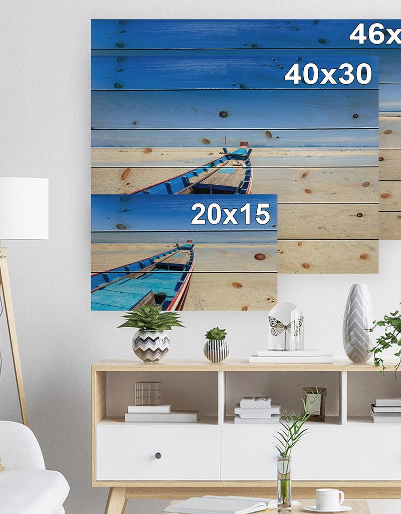 DesignQ Long Tail Boat Stand At The Beach - Seashore Print On Natural Pine Wood