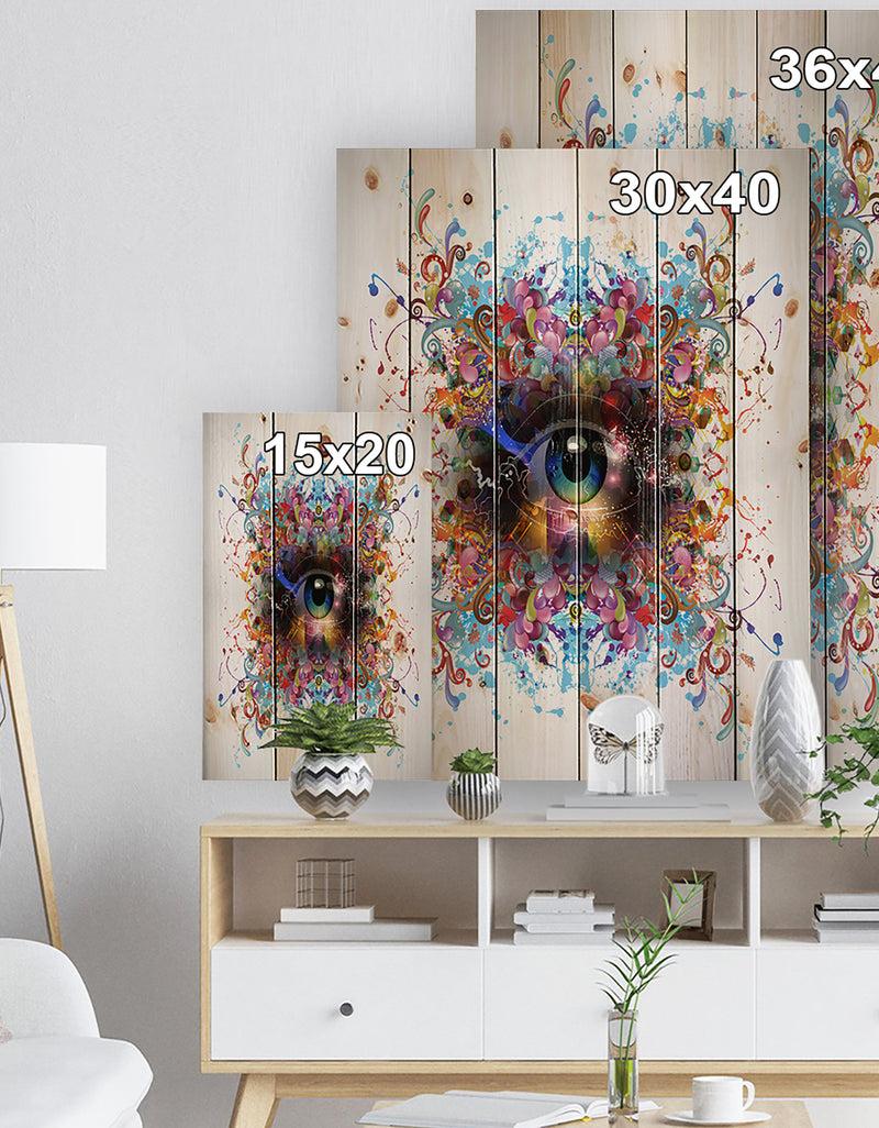 DesignQ Magic Eye With Flowers - Animal Print On Natural Pine Wood