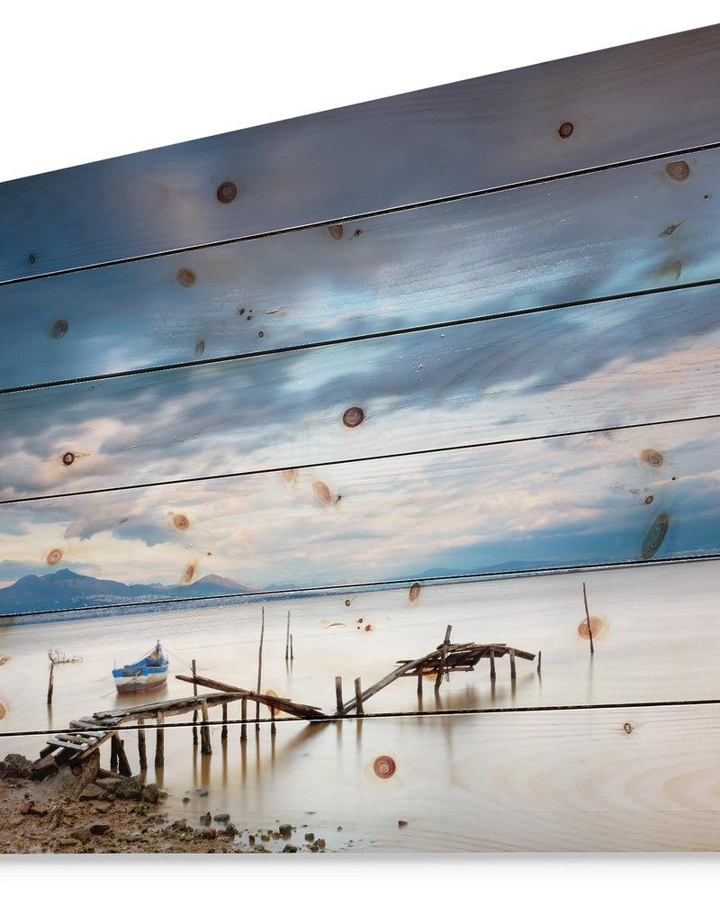 DesignQ Magic Sunrise And Wooden Pier - Landscapes Sea & Shore Print On Natural Pine Wood