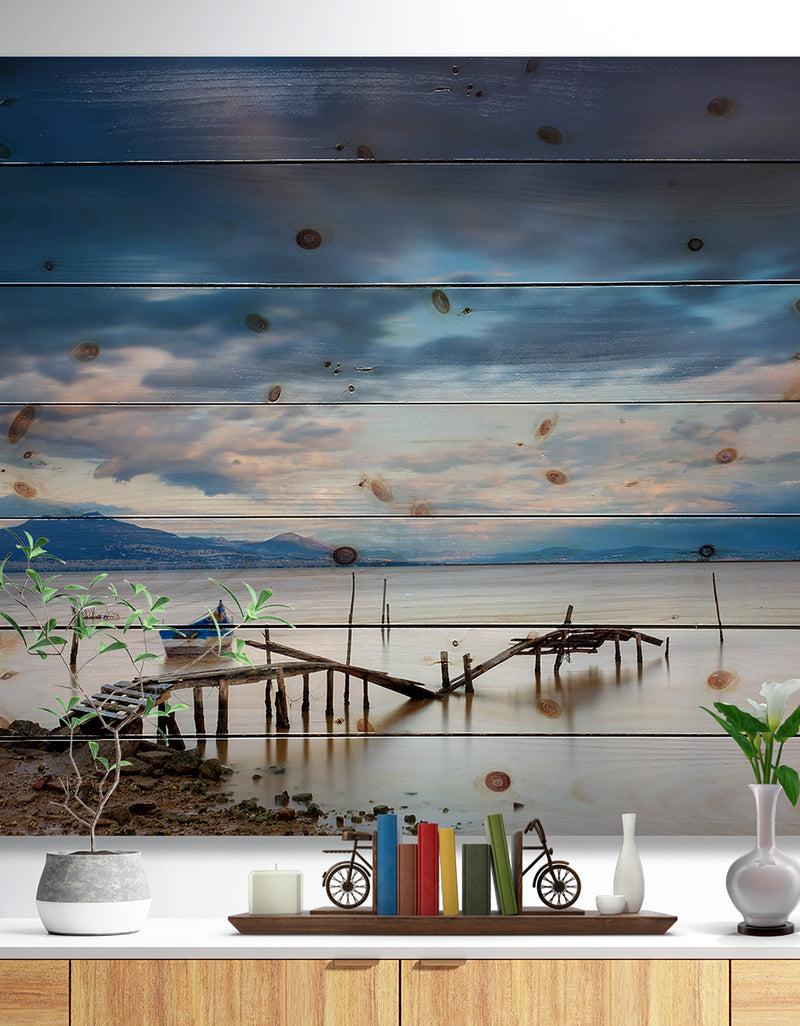 DesignQ Magic Sunrise and Wooden Pier - Landscapes Sea & Shore Print on Natural Pine Wood