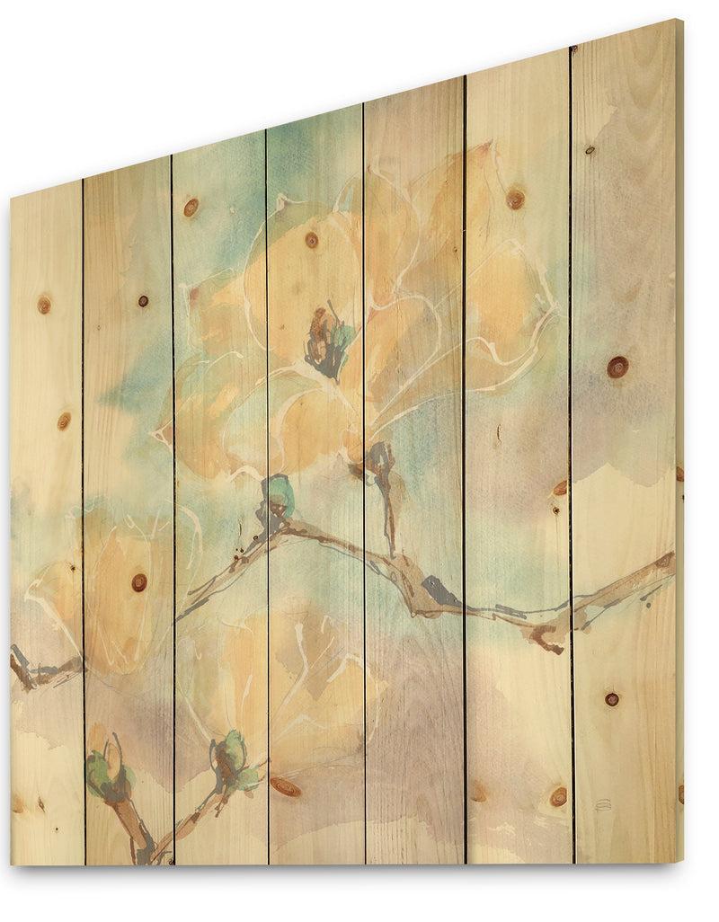 DesignQ Magnolias In White I - Cabin & Lodge Print On Natural Pine Wood