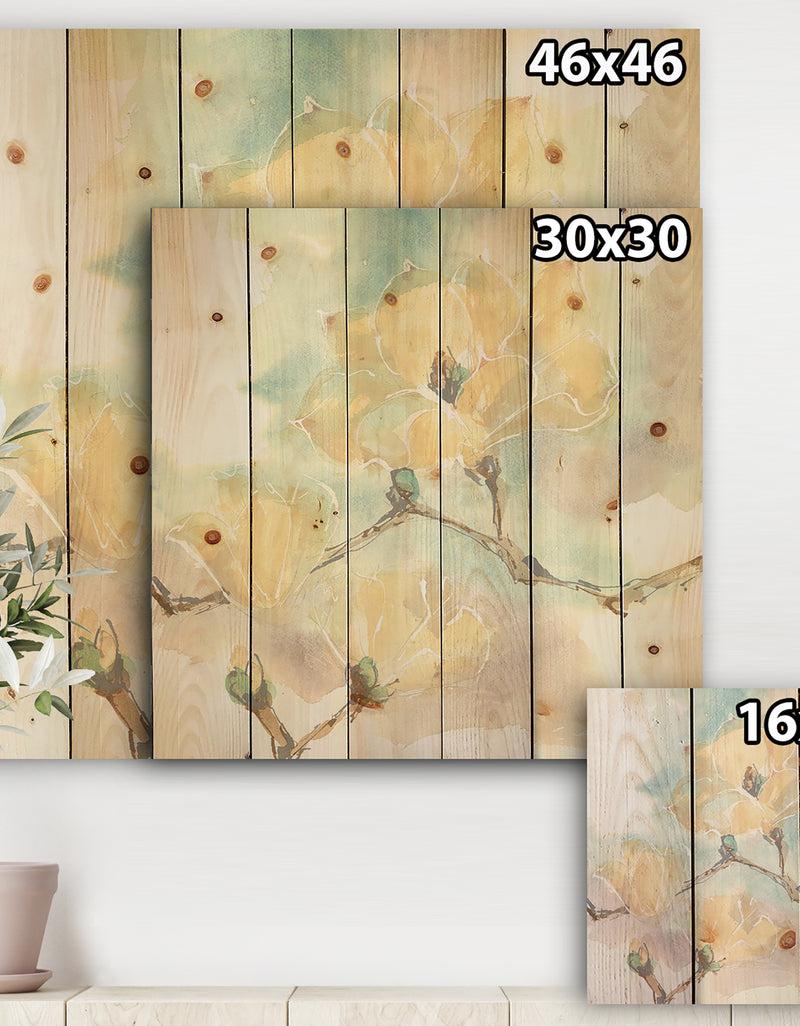 DesignQ Magnolias In White I - Cabin & Lodge Print On Natural Pine Wood