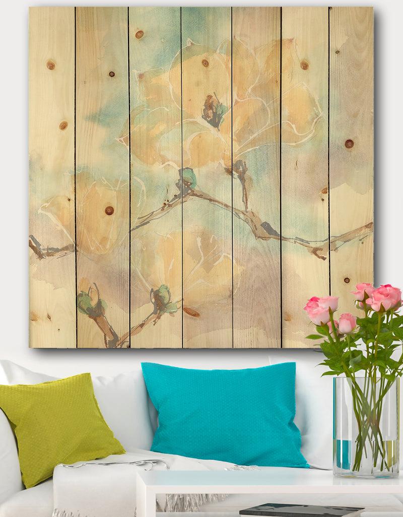 DesignQ Magnolias in White I - Cabin & Lodge Print on Natural Pine Wood
