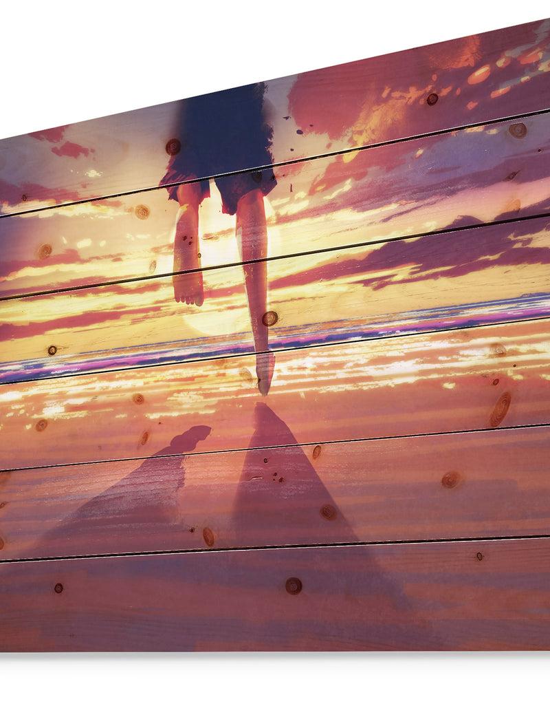 DesignQ Man Feet Running In Sunset - People Sea & Shore Print On Natural Pine Wood