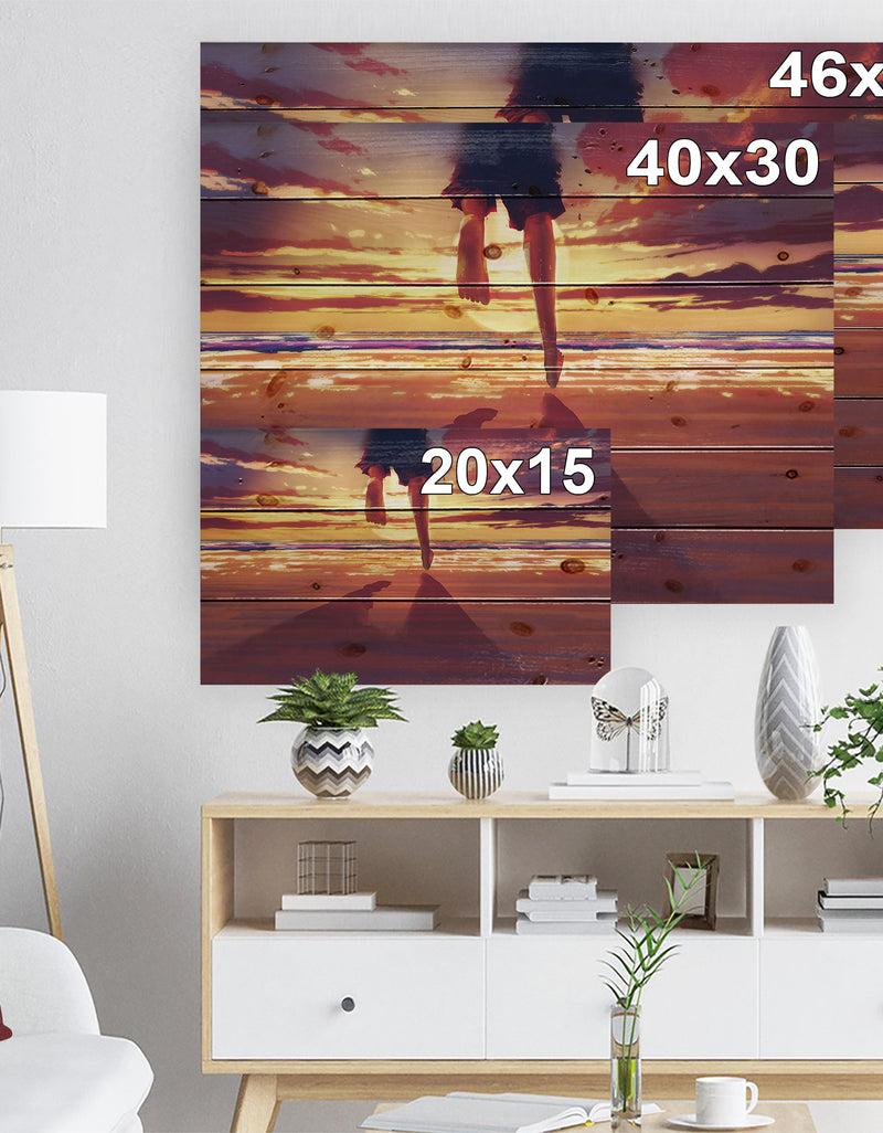DesignQ Man Feet Running In Sunset - People Sea & Shore Print On Natural Pine Wood