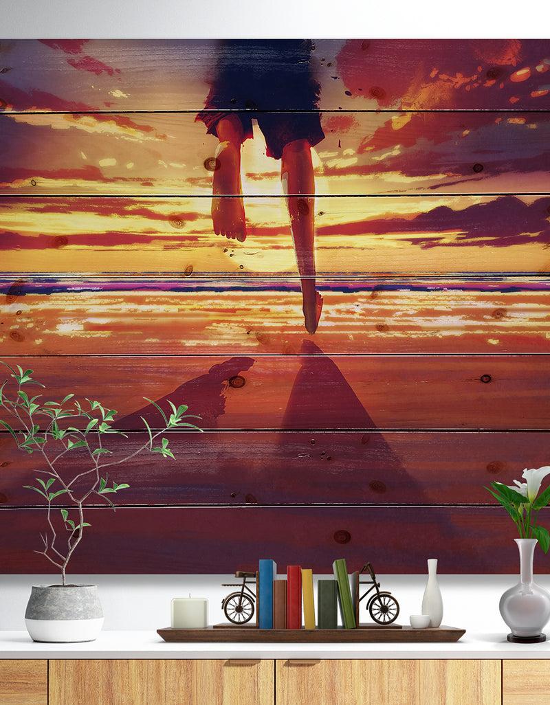DesignQ Man feet running in Sunset - People Sea & Shore Print on Natural Pine Wood