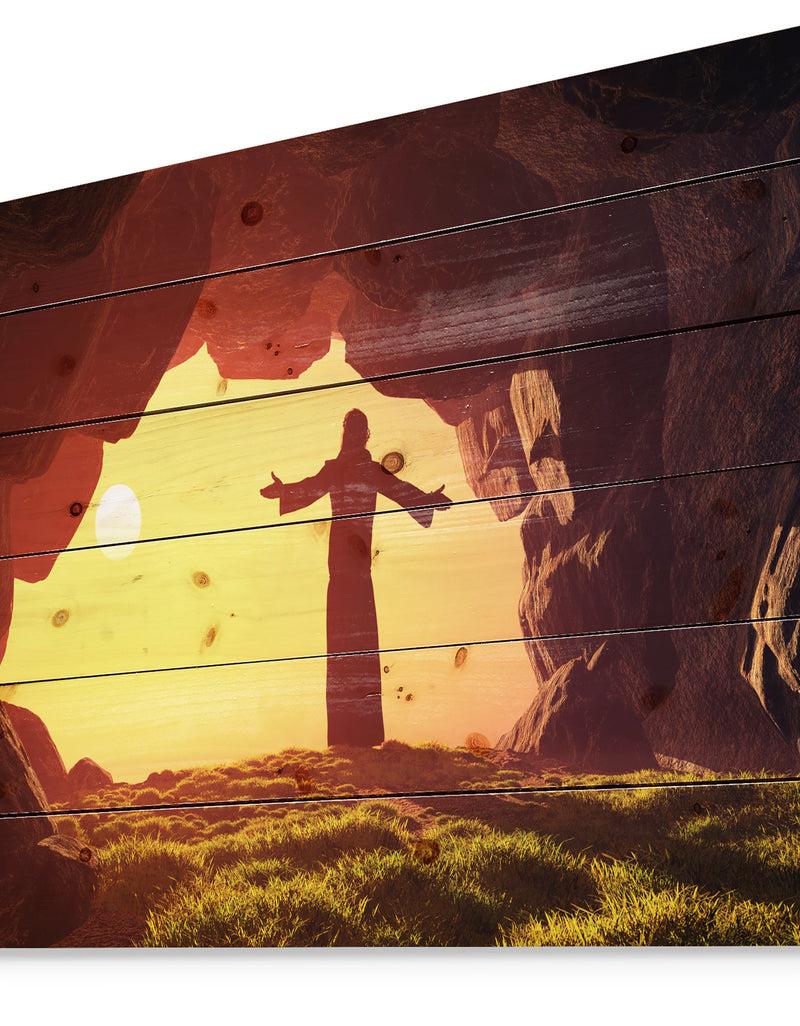 DesignQ Man Praying In Cave Under Sunset - Religious Contemporary Print On Natural Pine Wood