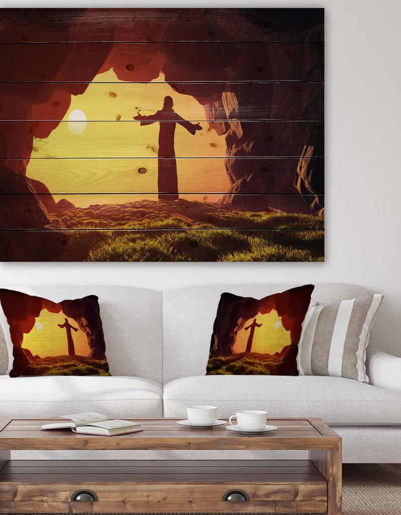 DesignQ Man Praying in Cave Under Sunset - Religious Contemporary Print on Natural Pine Wood