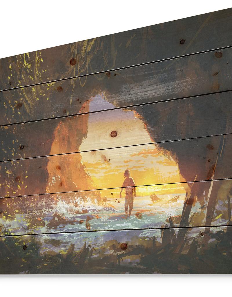 DesignQ Man Walking In The Cave - Sea & Shore Print On Natural Pine Wood