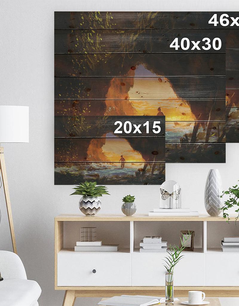 DesignQ Man Walking In The Cave - Sea & Shore Print On Natural Pine Wood