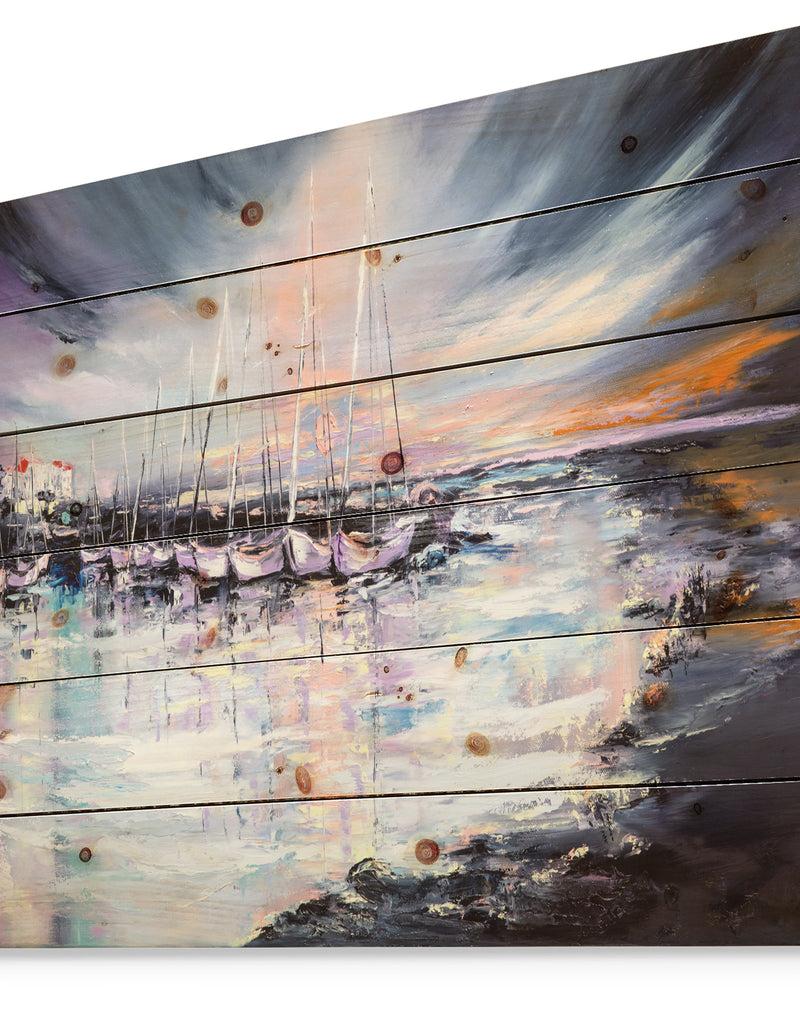 DesignQ Marina Bay Under Stormy Sunset - Sea & Shore Painting Print On Natural Pine Wood