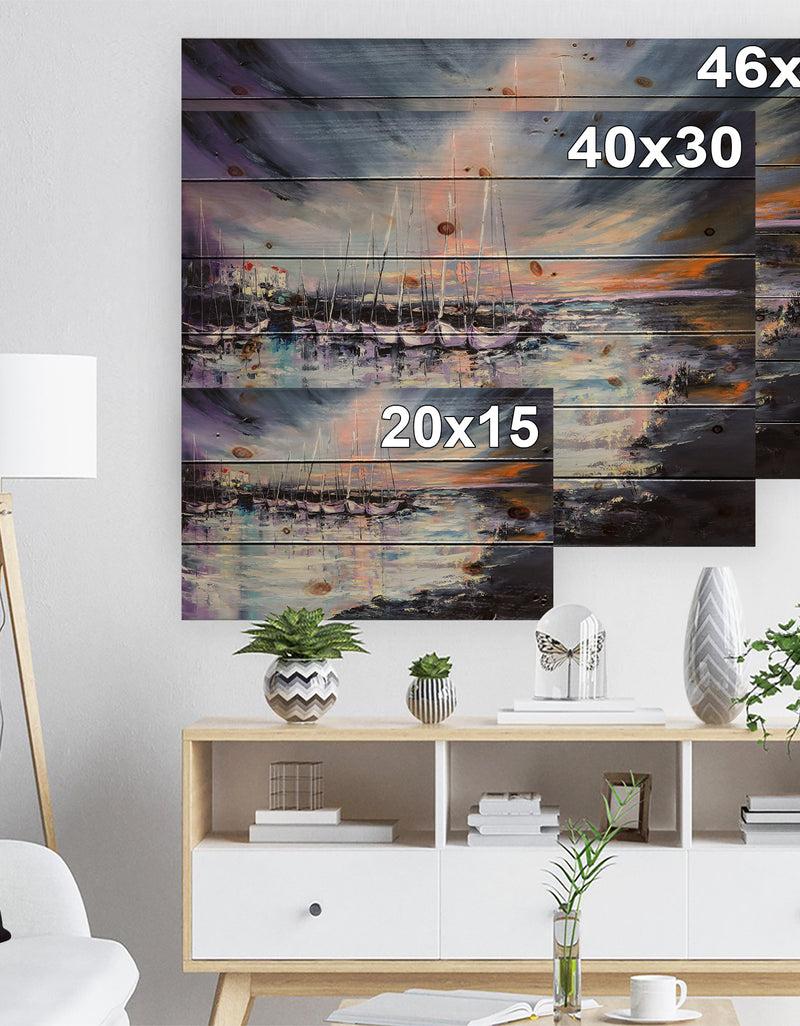 DesignQ Marina Bay Under Stormy Sunset - Sea & Shore Painting Print On Natural Pine Wood