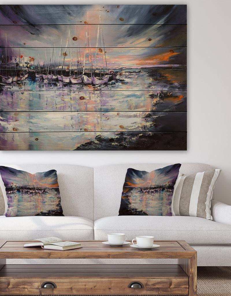 DesignQ Marina bay Under Stormy Sunset - Sea & Shore Painting Print on Natural Pine Wood