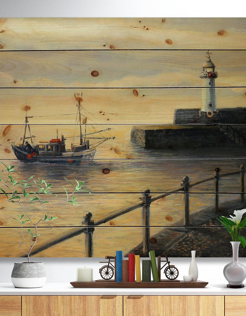 DesignQ Memories of The Old Lighthouse - Sea & Shore Painting Print on Natural Pine Wood