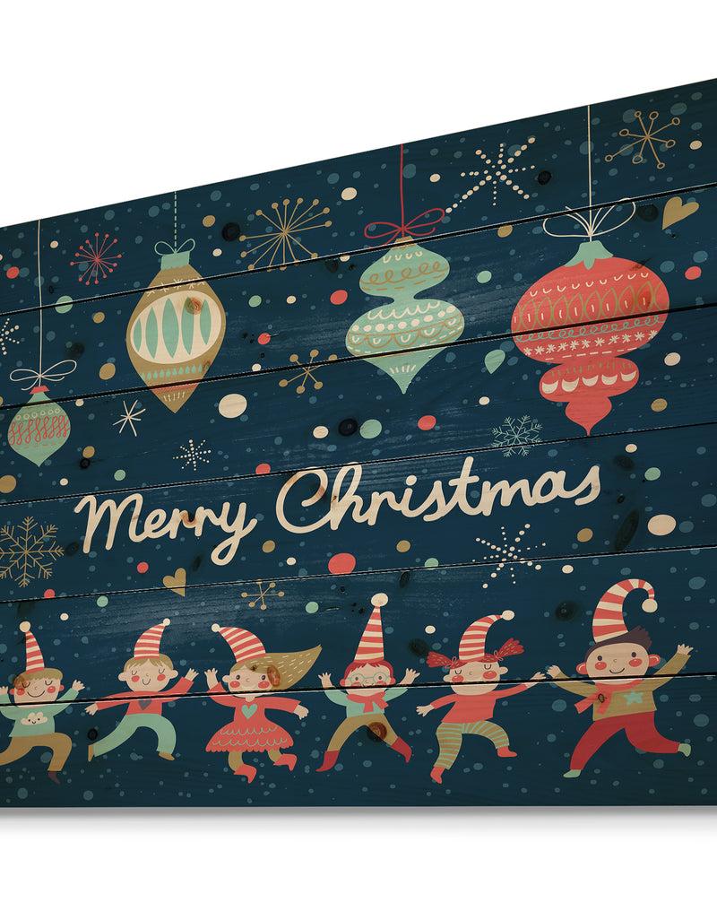 DesignQ Merry Christmas Dancing Elf Children And Snow Flakes - Print On Natural Pine Wood