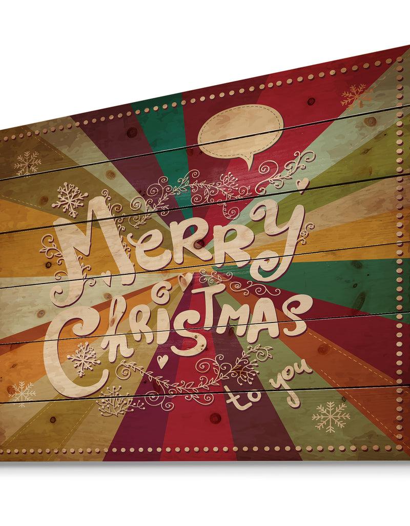DesignQ Merry Christmas Handwritten On Vintage Rainbow Colours - Print On Natural Pine Wood