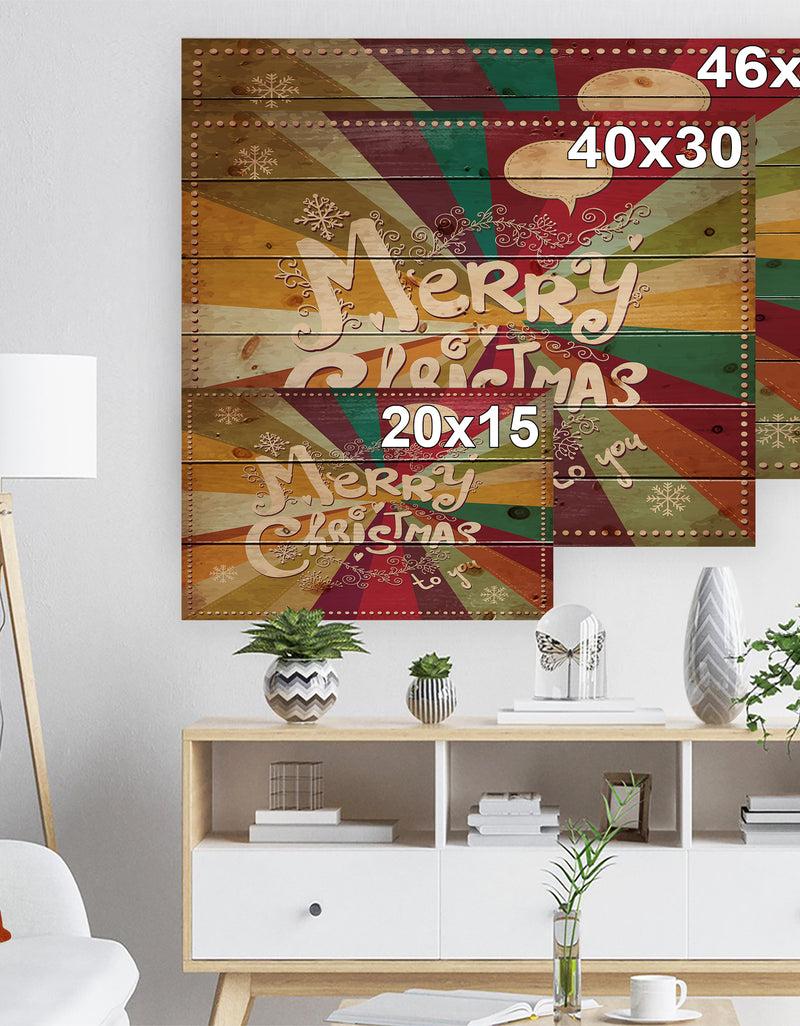 DesignQ Merry Christmas Handwritten On Vintage Rainbow Colours - Print On Natural Pine Wood