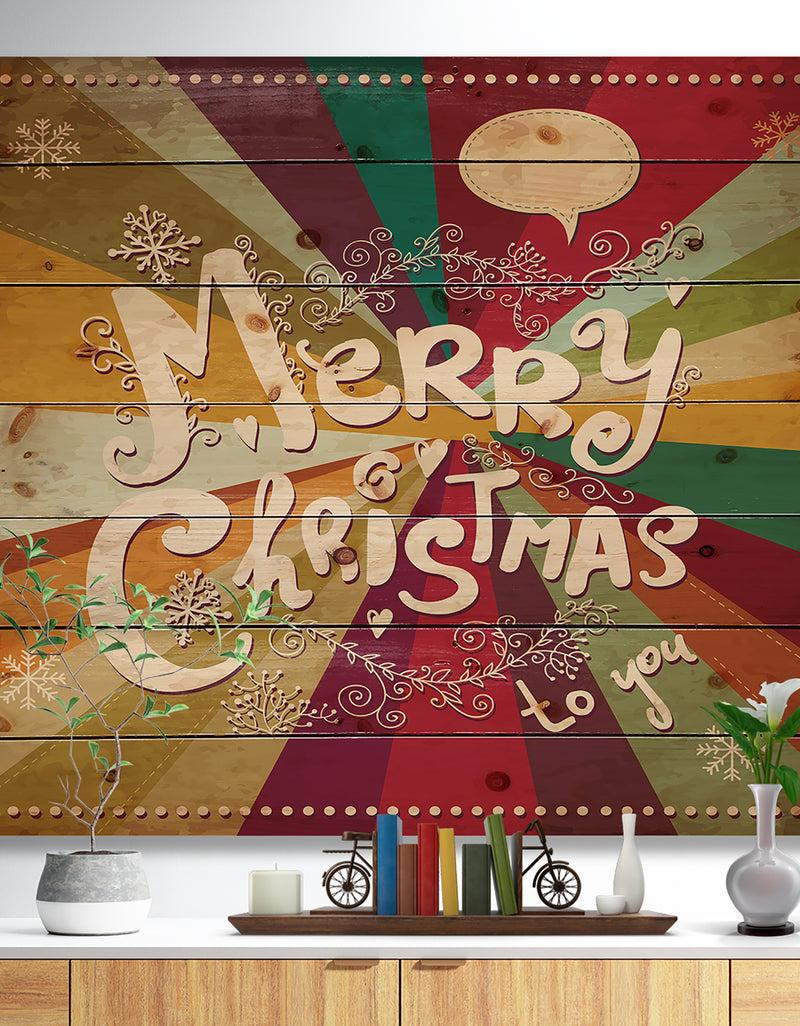 DesignQ Merry Christmas Handwritten on vintage rainbow colours - Print on Natural Pine Wood