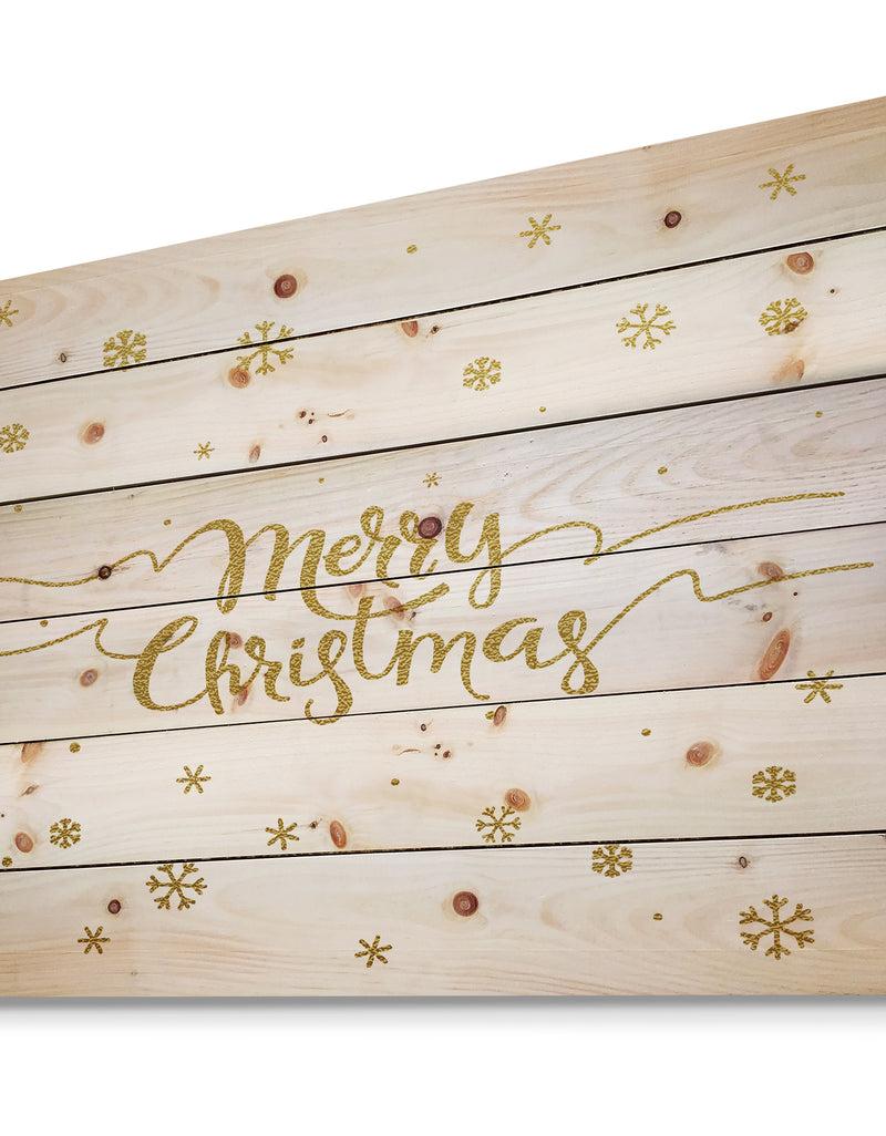 DesignQ Merry Christmas Handwritten Wish On White And Gold - Print On Natural Pine Wood