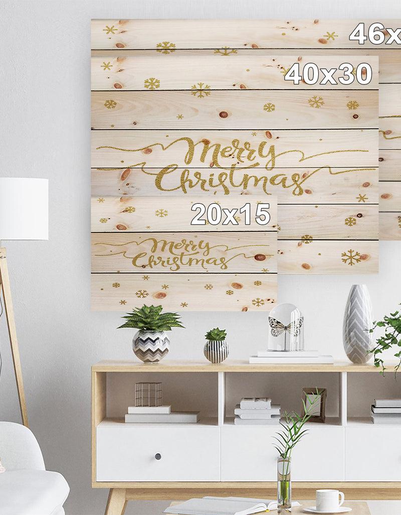 DesignQ Merry Christmas Handwritten Wish On White And Gold - Print On Natural Pine Wood