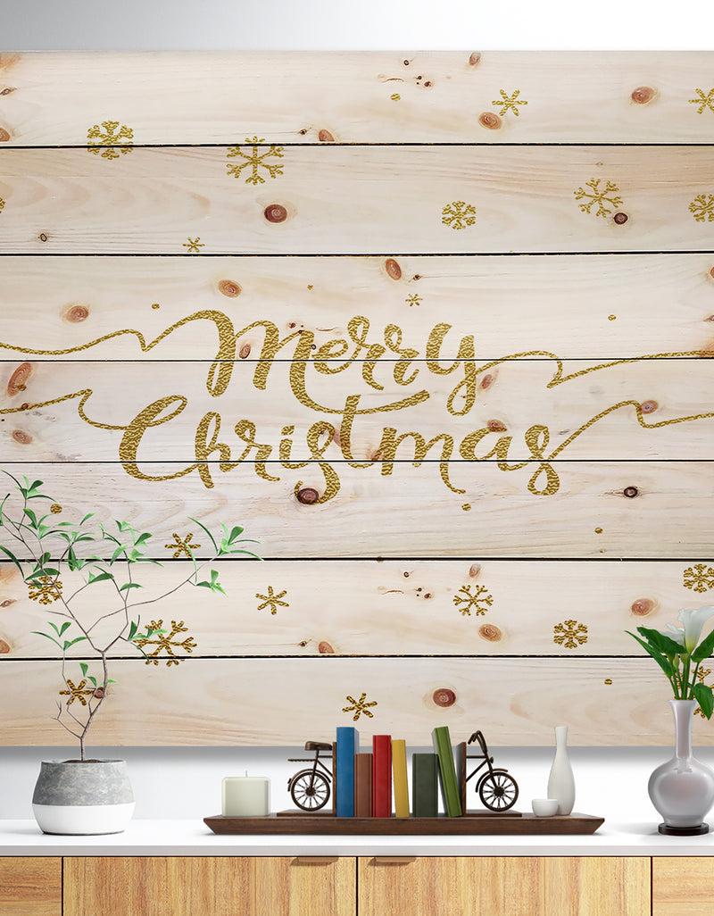 DesignQ Merry Christmas Handwritten Wish on white and gold - Print on Natural Pine Wood