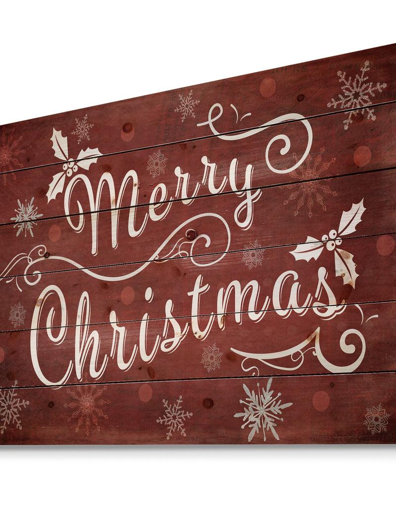 DesignQ Merry Christmas Season Greetings On Red - Print On Natural Pine Wood