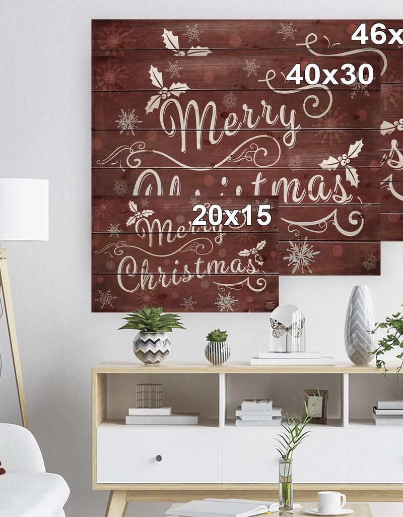 DesignQ Merry Christmas Season Greetings On Red - Print On Natural Pine Wood
