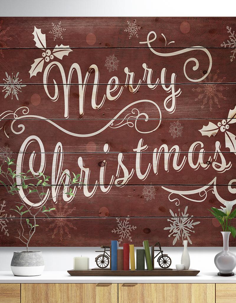 DesignQ Merry Christmas Season Greetings on Red - Print on Natural Pine Wood