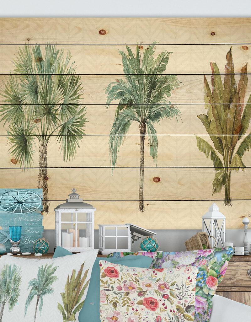 DesignQ Mixed Botanical Greens palms I - Farmhouse Print on Natural Pine Wood