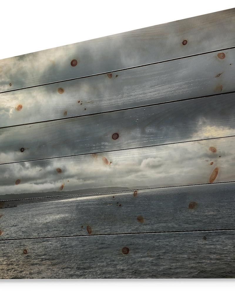 DesignQ Morning Coastline - Sea & Shore Print On Natural Pine Wood