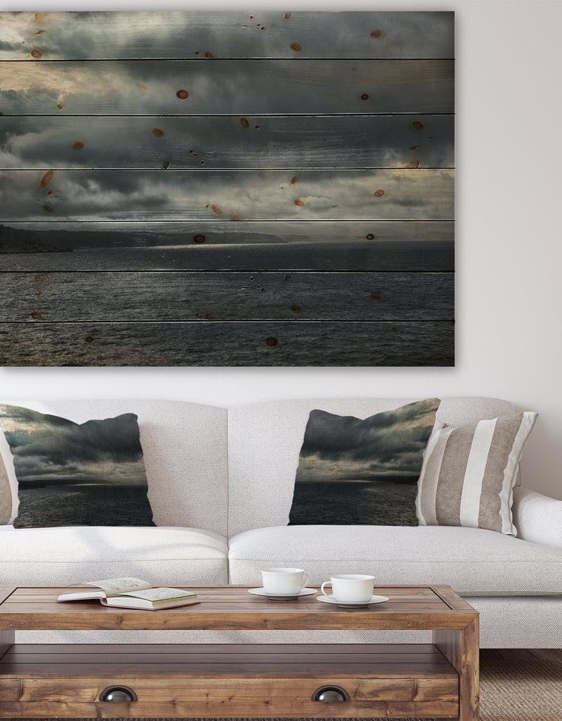 DesignQ Morning Coastline - Sea & Shore Print on Natural Pine Wood