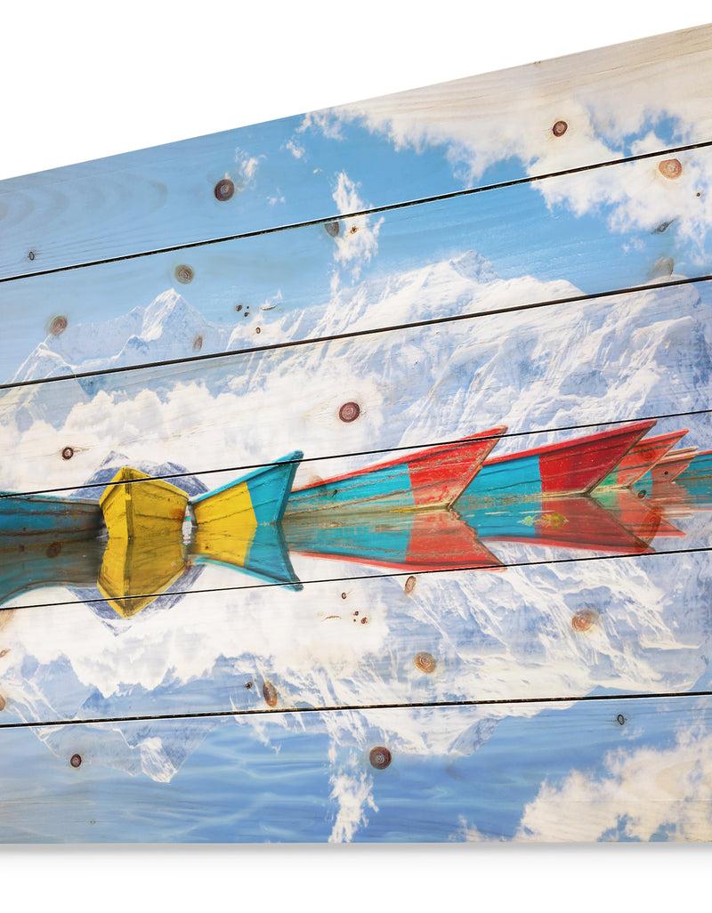DesignQ Moving Colorful Boats In Lake - Boat Print On Natural Pine Wood