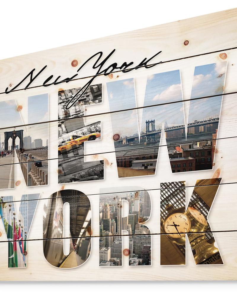 DesignQ New York City Graphic Montage - Cityscape Print On Natural Pine Wood