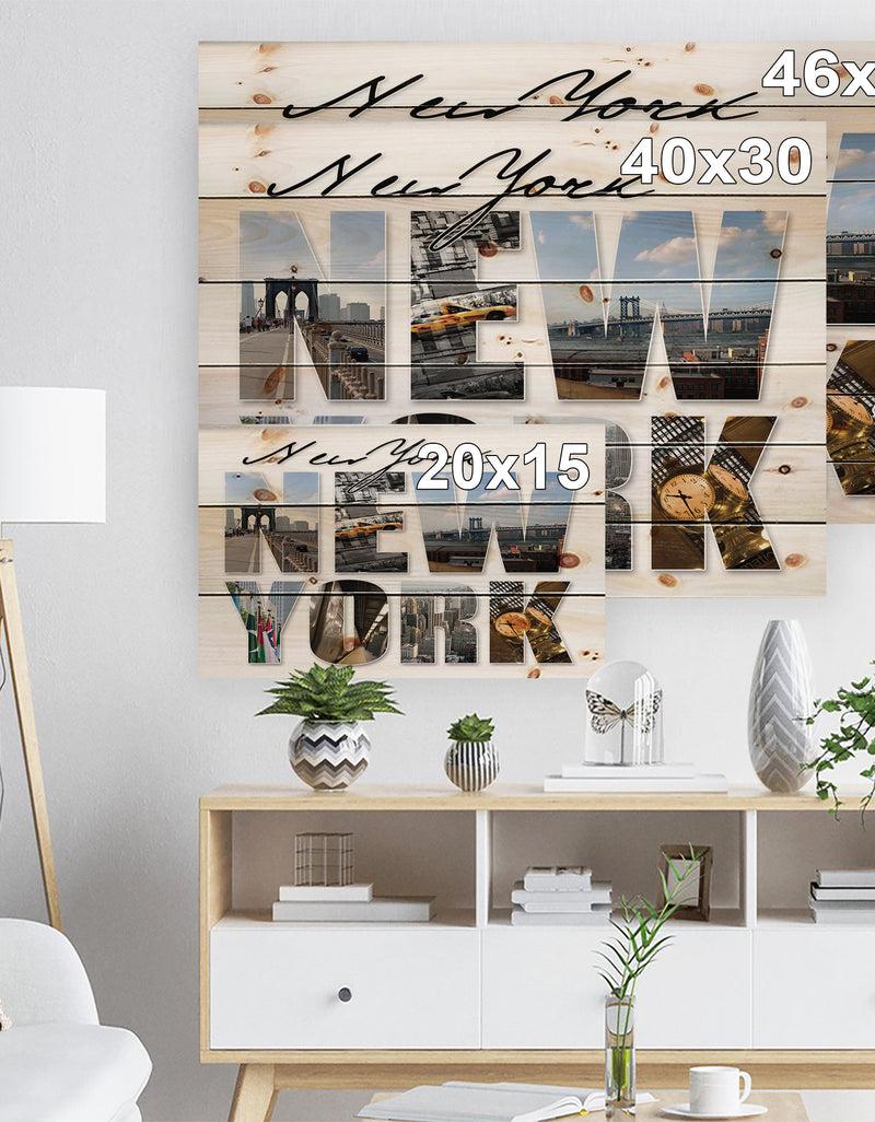 DesignQ New York City Graphic Montage - Cityscape Print On Natural Pine Wood