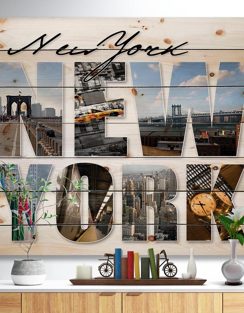 DesignQ New York City Graphic Montage - Cityscape Print on Natural Pine Wood