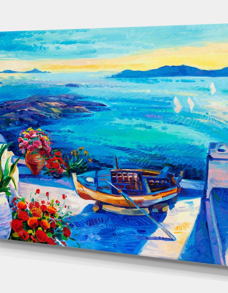 DesignQ Oia Village At Santorini Island Sea View - Sea & Shore Painting Print On Wrapped Canvas