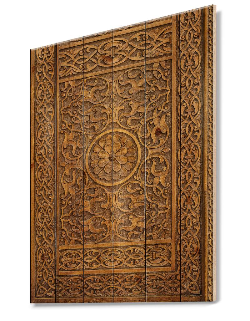 DesignQ Old Carved Wooden Door - Vintage Print On Natural Pine Wood