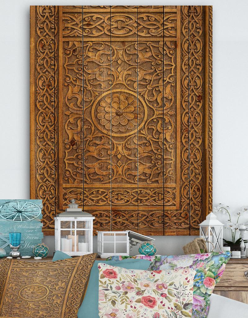 DesignQ Old Carved Wooden Door - Vintage Print on Natural Pine Wood