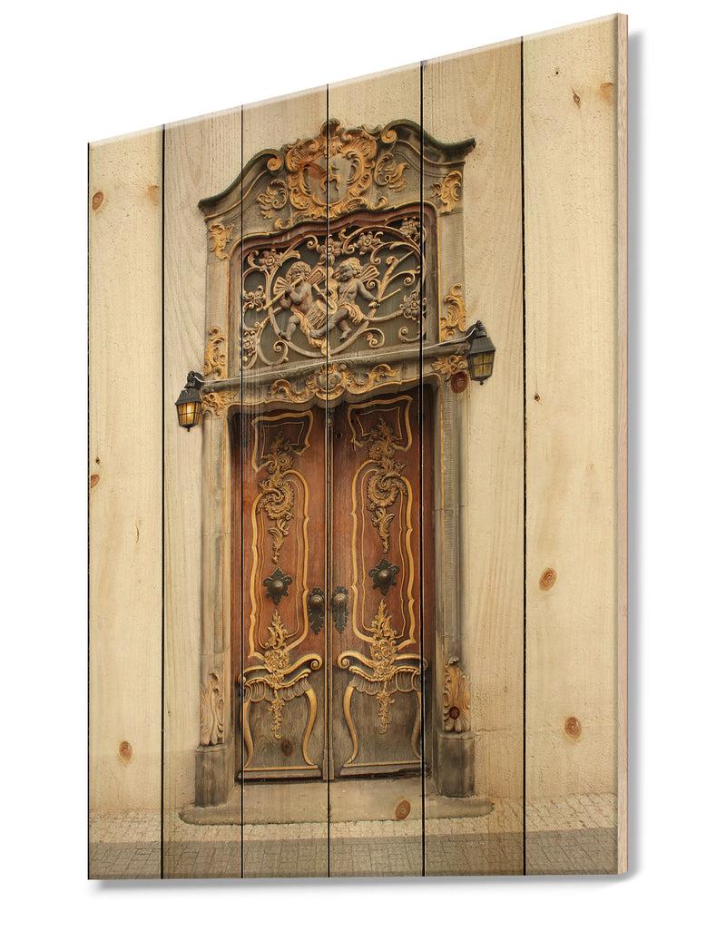 DesignQ Old Door With Gold Ornaments - Vintage Print On Natural Pine Wood