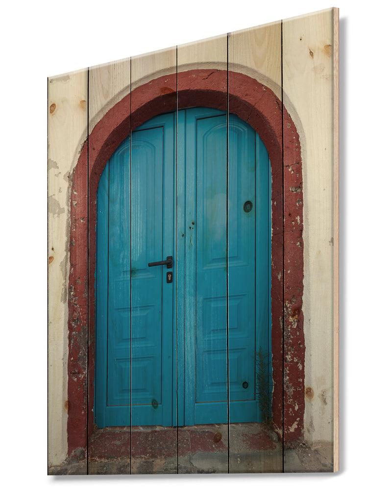 DesignQ Old Traditional Door In Oia Santorini Greece - Vintage Print On Natural Pine Wood