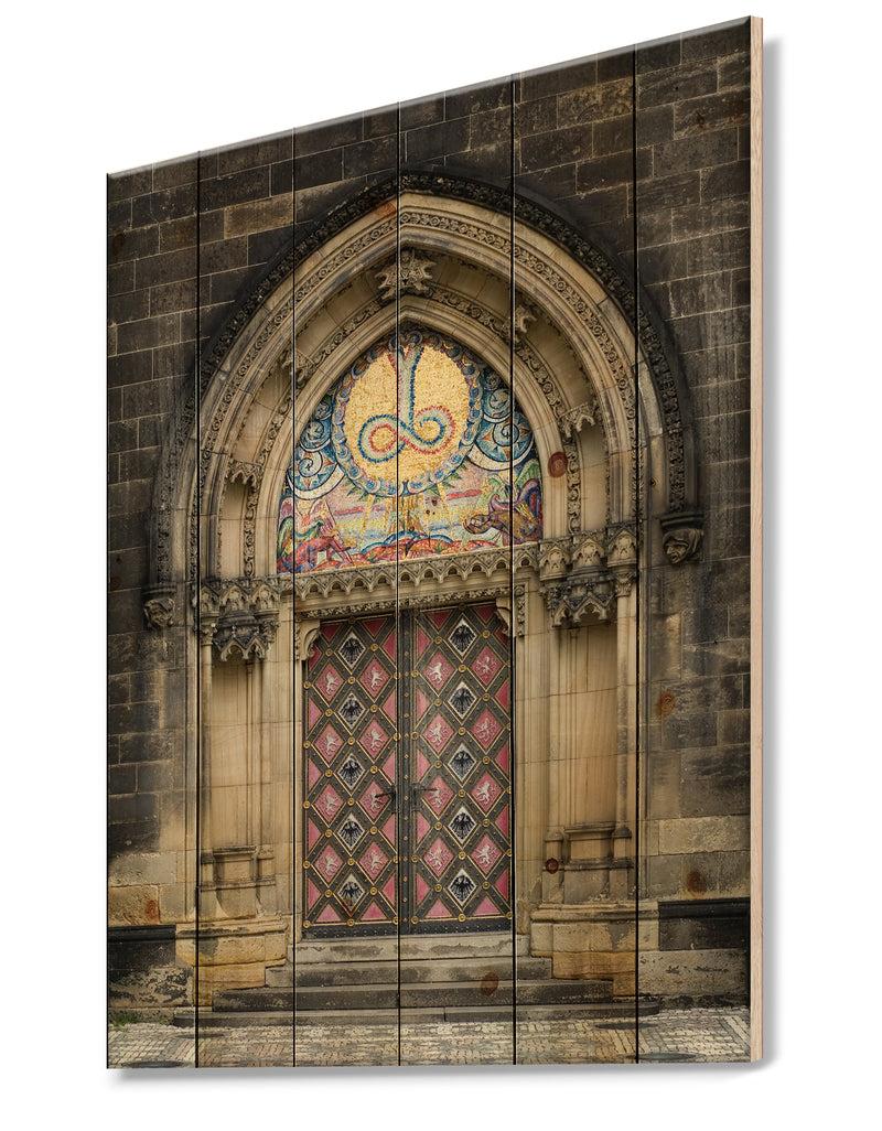 DesignQ Ornate Entrance Of Church In Prague - Vintage Print On Natural Pine Wood