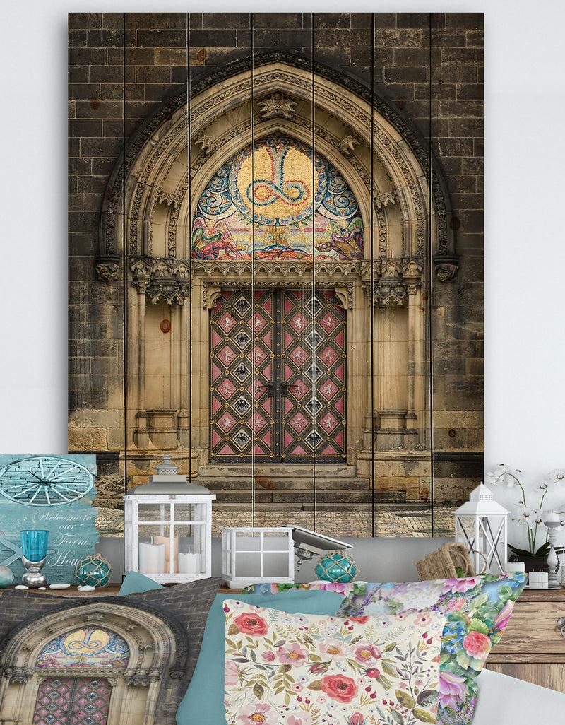 DesignQ Ornate Entrance of Church in Prague - Vintage Print on Natural Pine Wood