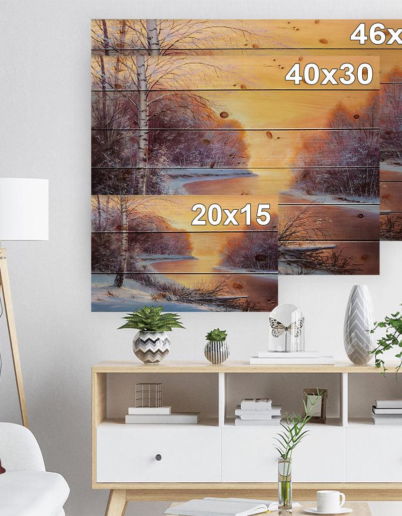 DesignQ Painting Winter Forest - Landscapes Painting Print On Natural Pine Wood
