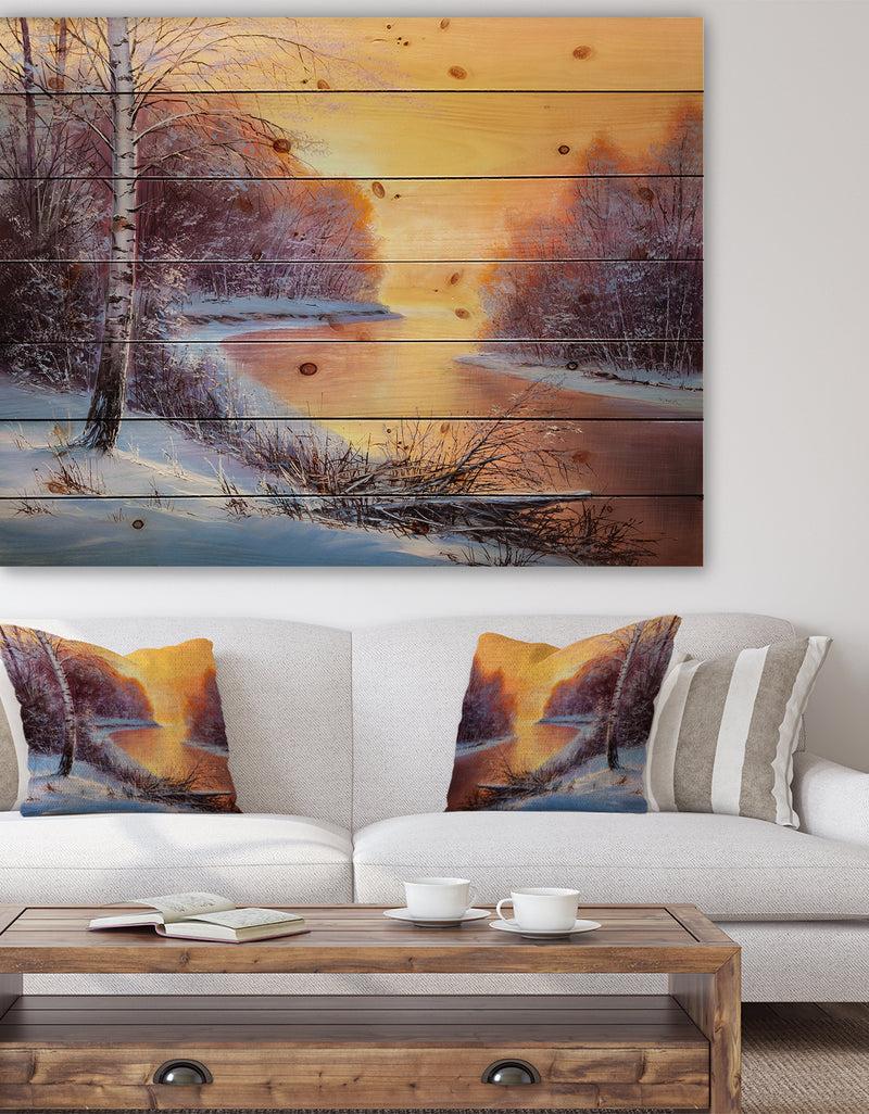 DesignQ Painting winter forest - Landscapes Painting Print on Natural Pine Wood