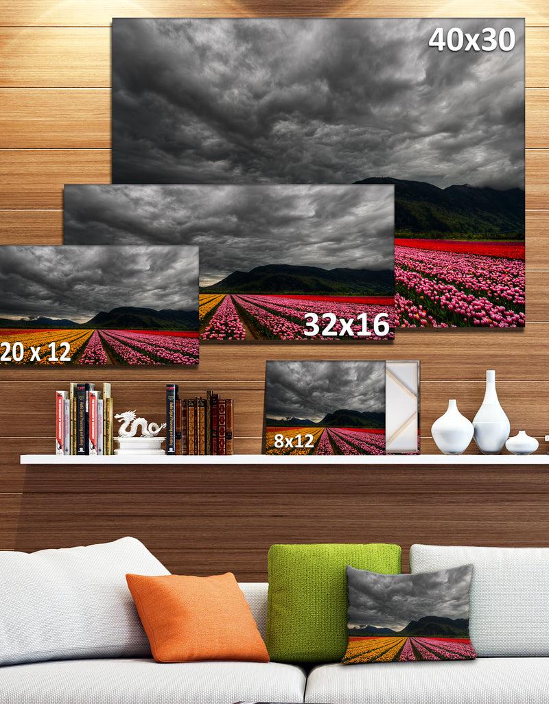 DesignQ Parallel Rows Of Colorful Tulips - Landscape Wall Art Print Canvas