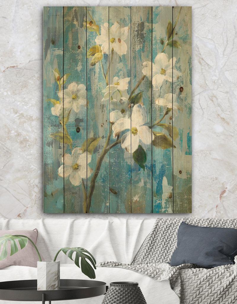 DesignQ Pastel Magnolia I - Floral & Botanical Print on Natural Pine Wood