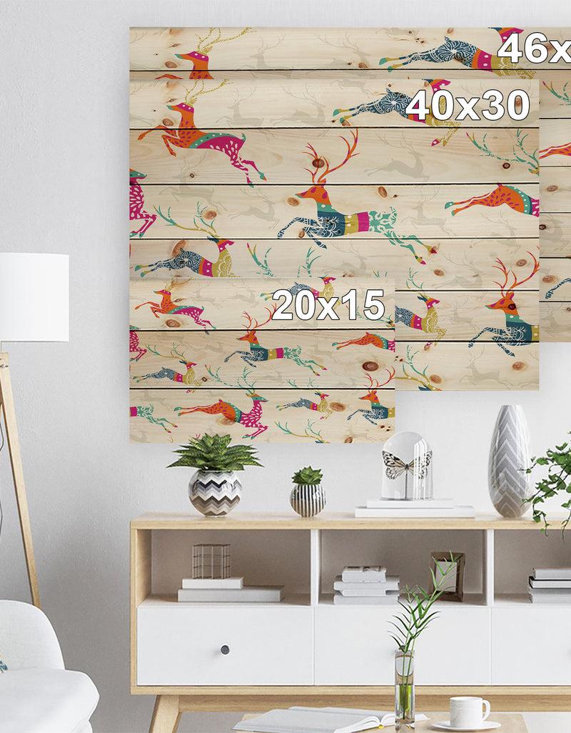 DesignQ Patterned Frolicking Christmas Reindeers - Print On Natural Pine Wood